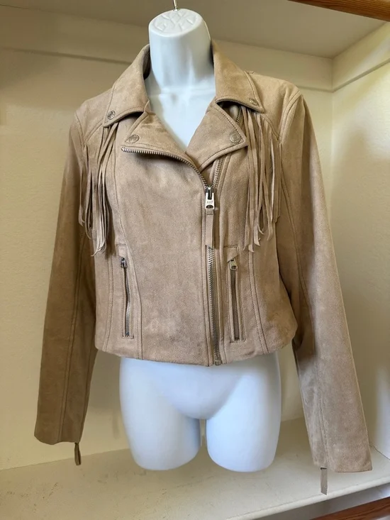 Abercrombie & Fitch Faux Suede Fringe Moto Jacket Tan 🧥 L - Picture 6 of 7